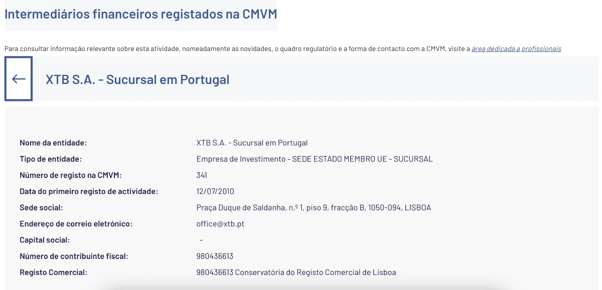 XTB S.A. – Sucursal em Portugal registada na CMVM