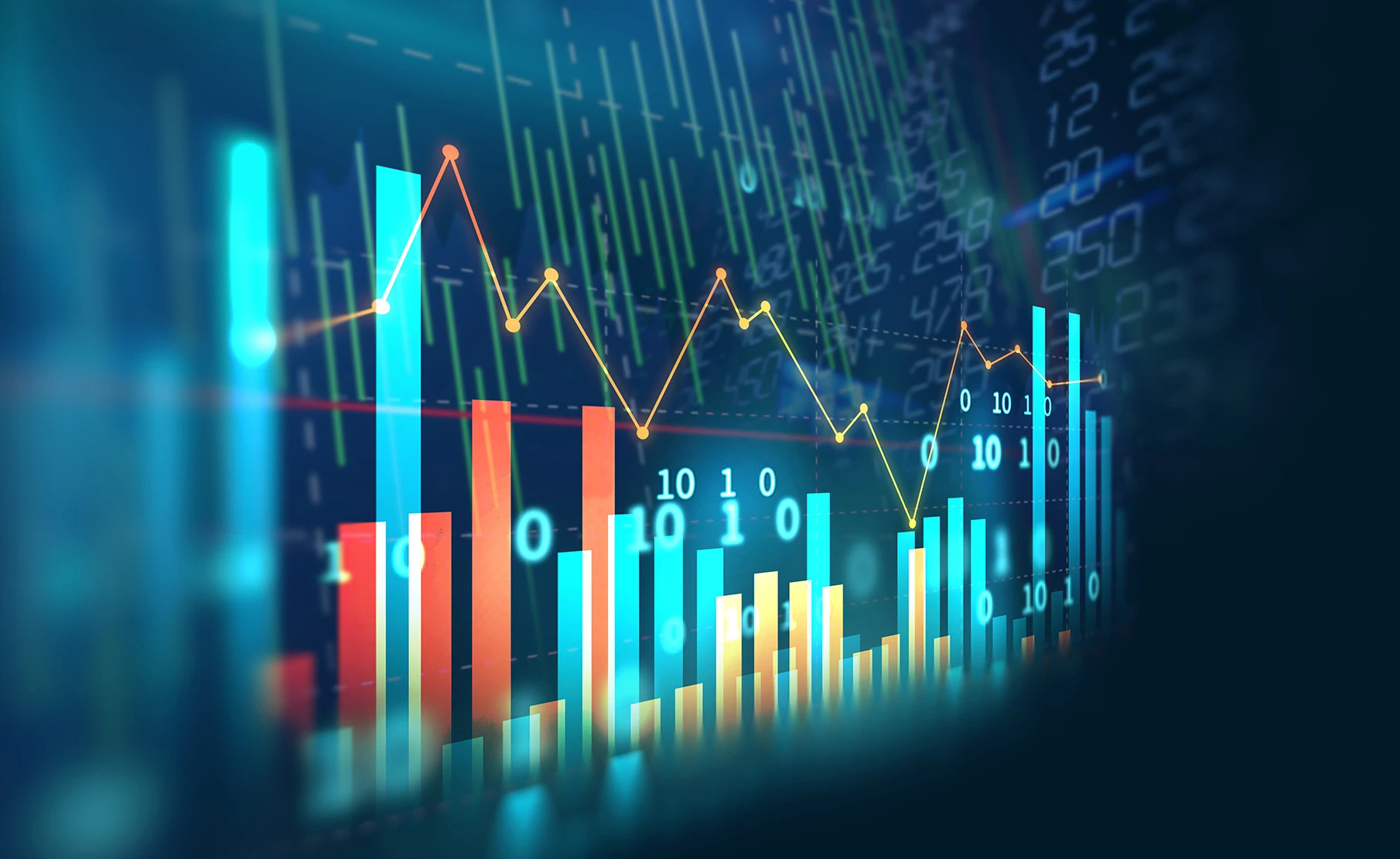 Gráficos e elementos financeiros criados digitalmente.