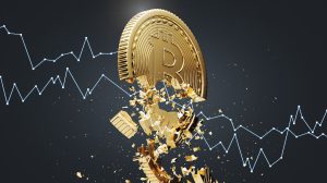 Moeda bitcoin a desfazer-se e a simular um crash do mercado das criptomoedas.