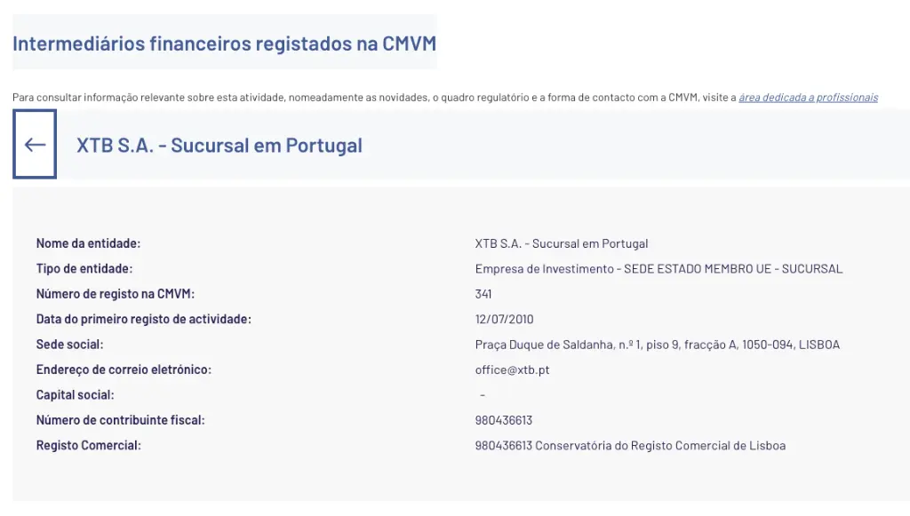 Intermediário financeiro registado na CMVM com o número 341: XTB S.A. - Sucursal em Portugal
