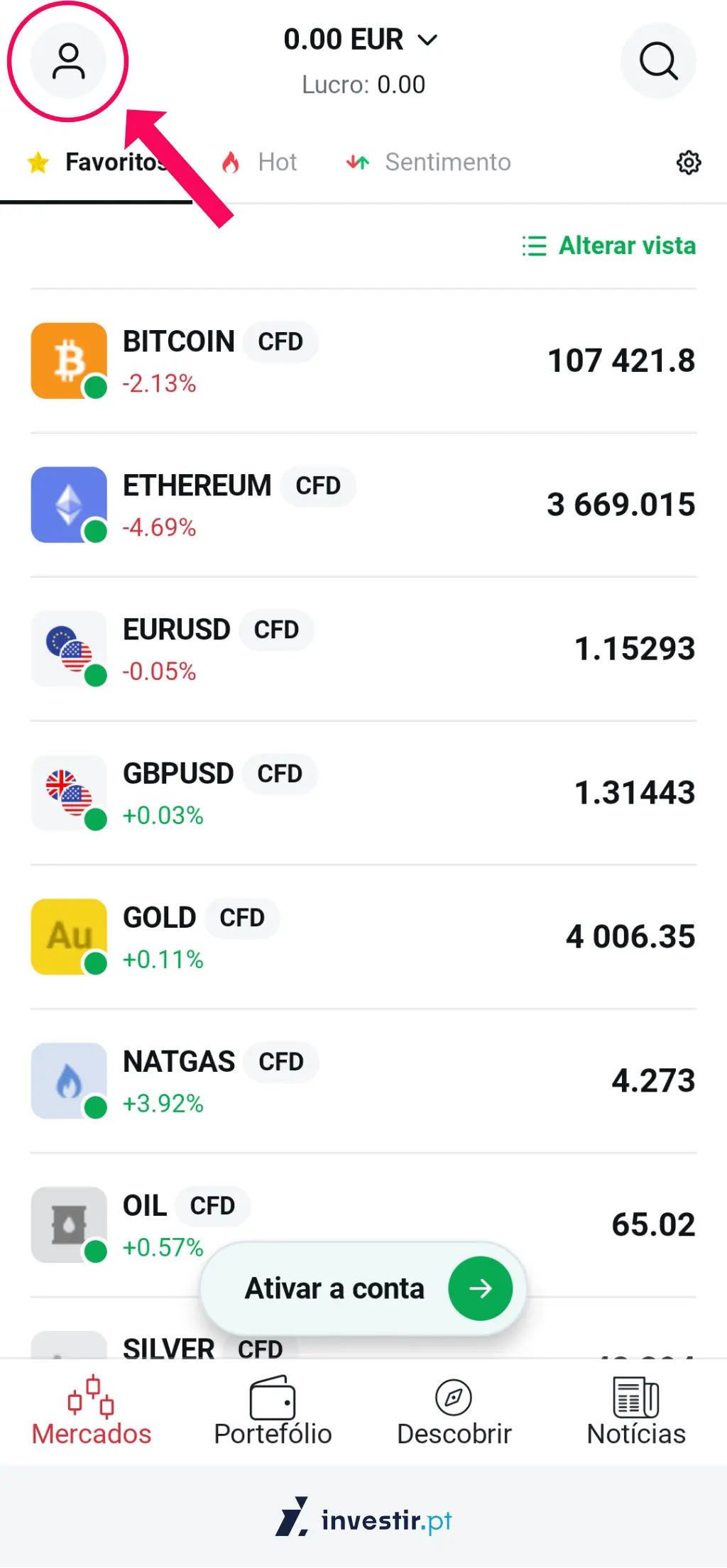 8. Clica no icone do perfil