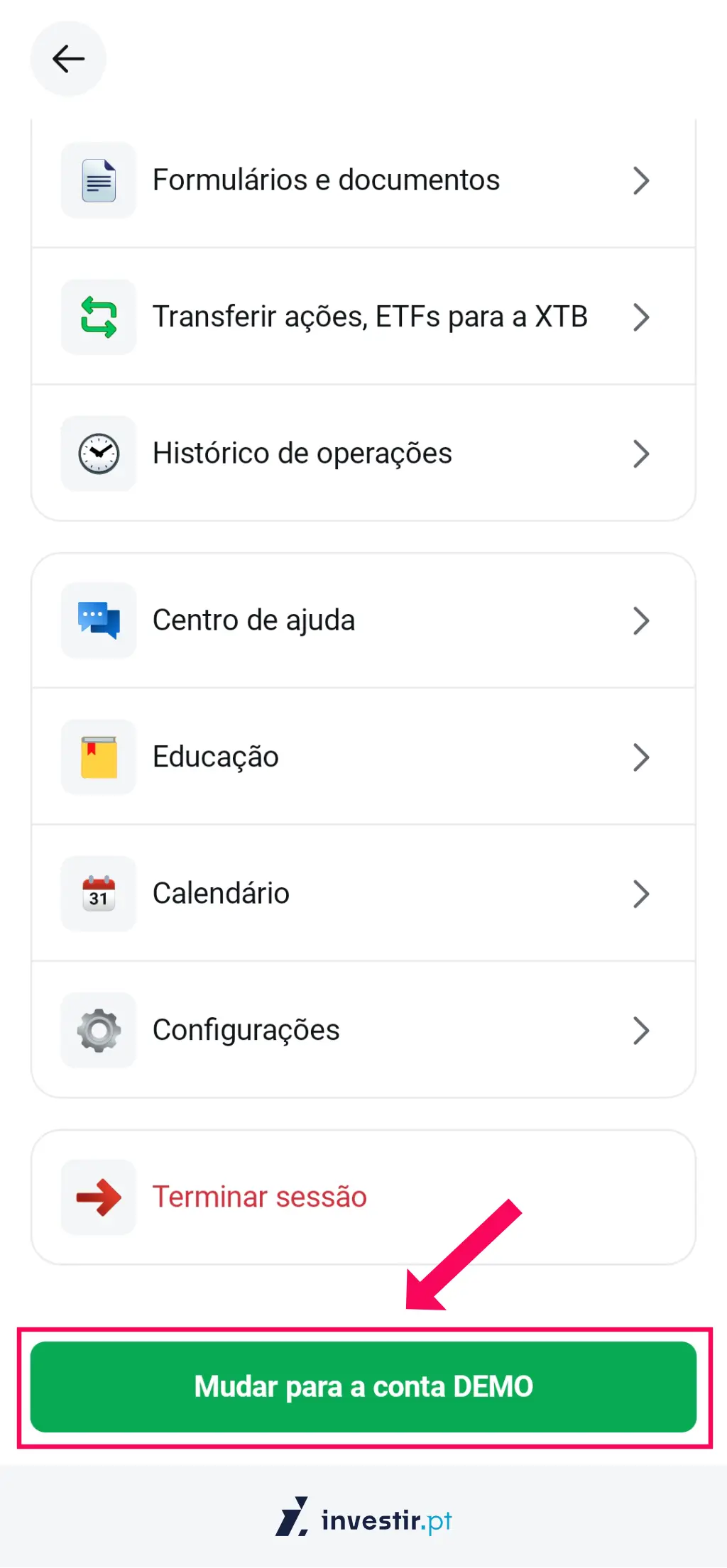9. Mudar para a conta demo