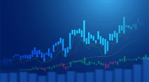 Gráfico de bolsa com fundo azul e alguns indicadores como medias móveis e volume.