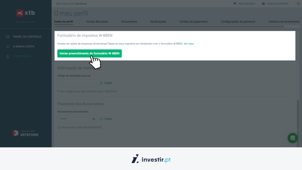 4. Secção Formulário de impostos W-8BEN