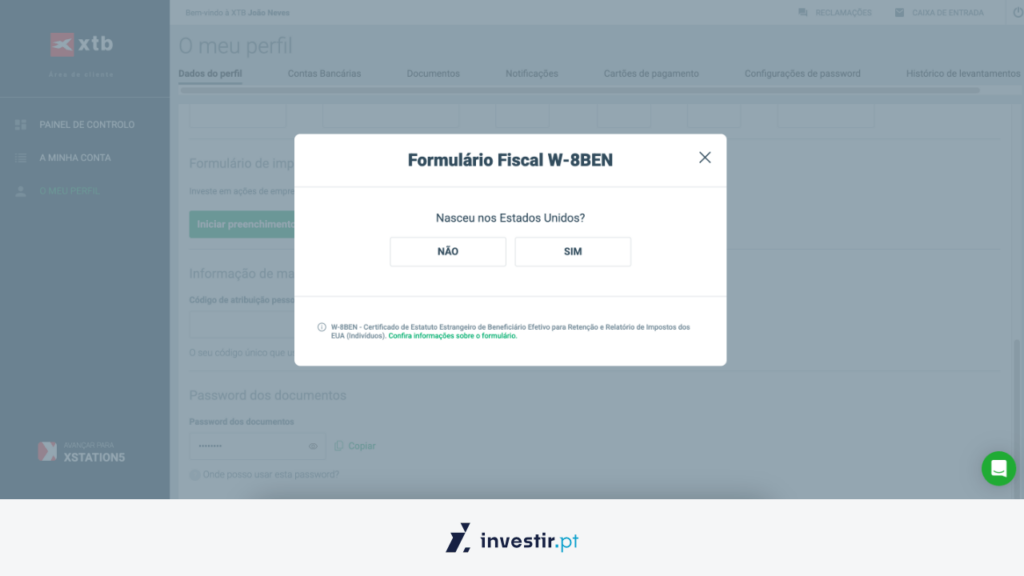 5. Popup Formulário Fiscal W-8BEN
