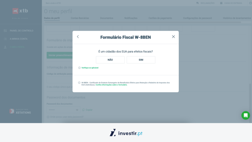 6. Popup Formulário Fiscal W-8BEN