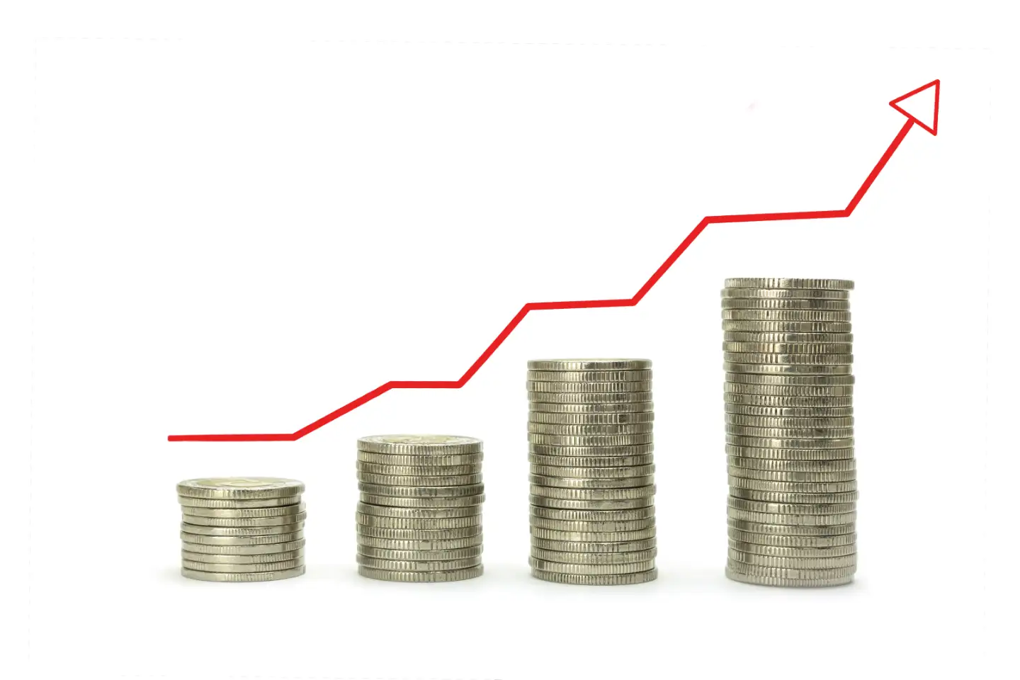 4 molhos de moedas e um gráfico ascendente por cima
