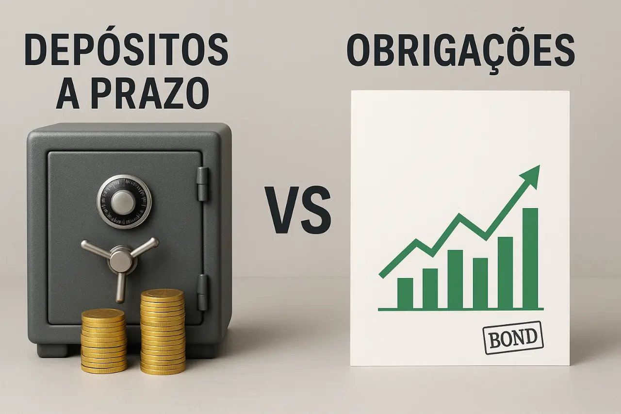 Cofre com moedas do lado esquerdo e gráfico de barras em crescimento com a palavra “Obrigações” à direita.